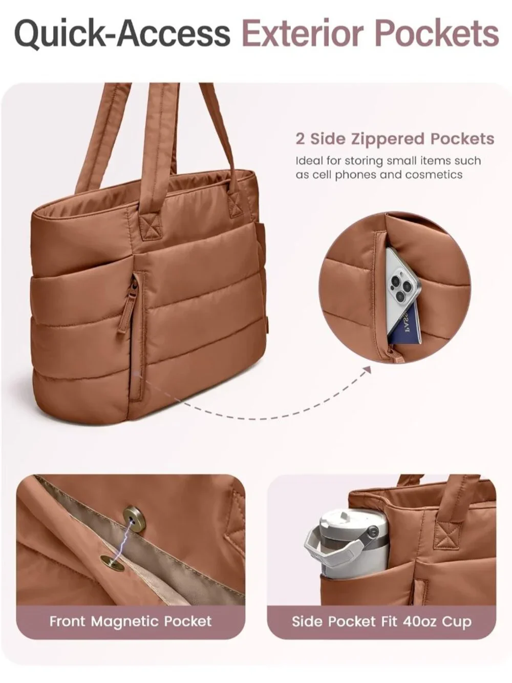 👜Women's Pecan Brown Quilted Puffer Tote Bag Zipper Work Bag With Compartments